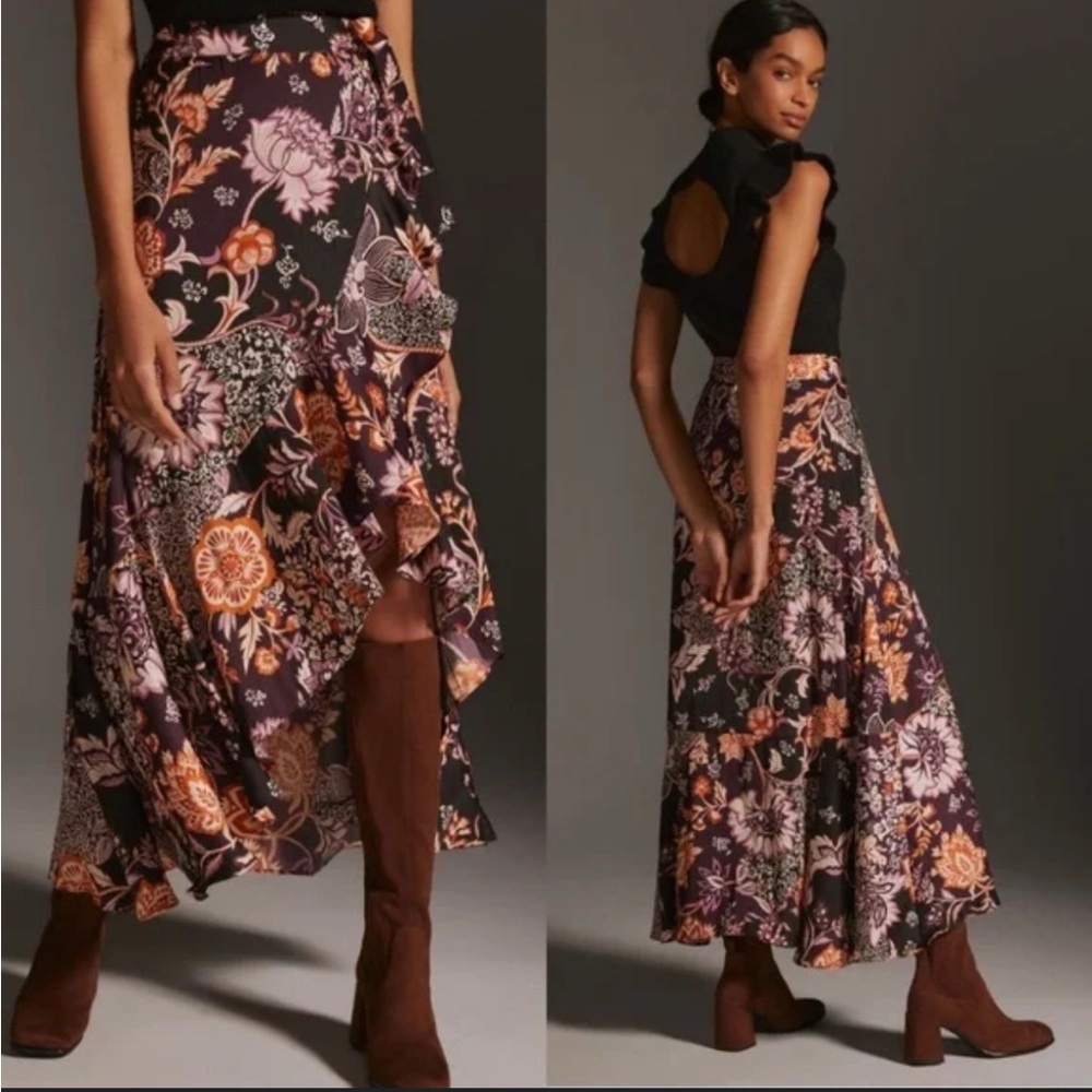Maeve By Anthropologie Plum Floral Hi-Lo Maxi Boho Gypsy Wrap Skirt Size Small
